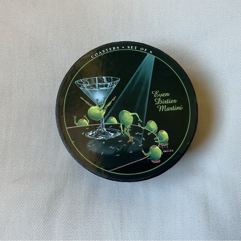 "EVEN DIRTIER MARTINI" Art Michael Godard Set of 6 Ceramic Coasters in Gift Box